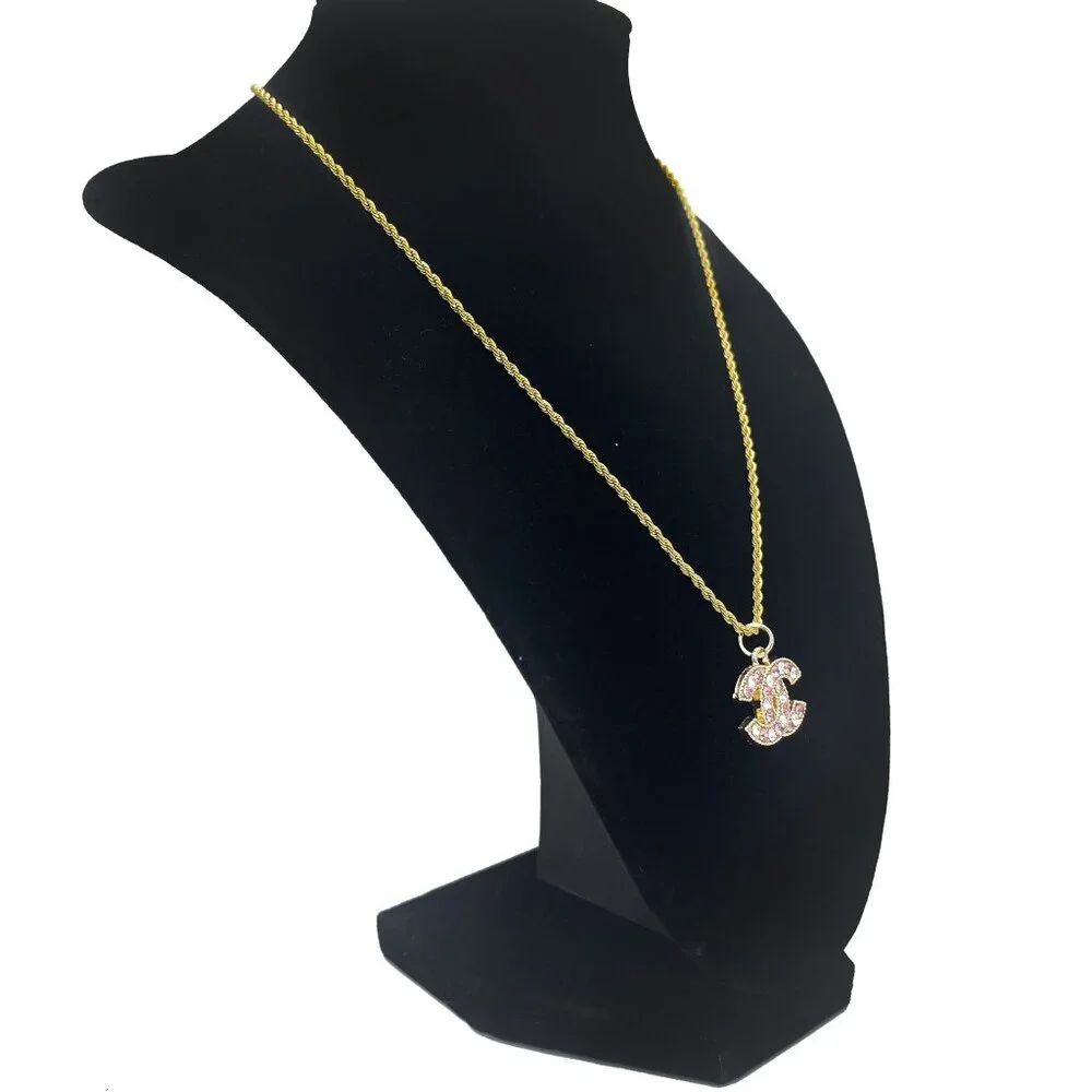 CHANEL CC Pink Rhinestone Charm Pendant on Necklace Gold Plated Chain - Picture 3 of 10